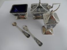 Far Eastern Sterling Silver `Niela style` cruet set comprising mustard, salt and pepper together