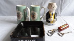 A MISCELLANEOUS COLLECTION OF PUB MEMORABILIA INCLUDING TWO BASS & CO MUGS DEPICTING URIAH HEEP, A