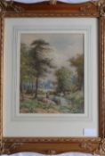 FOLLOWER OF MILES BIRKETT FOSTER - A FINE WATERCOLOUR DEPICTING TWO FIGURES FISHING - MONOGRAMMED