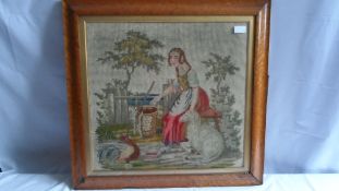 A VINTAGE TAPESTRY DEPICTING A YOUNG GIRL WITH A LAMB AND COCKEREL