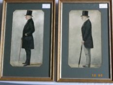 TWO ORIGINAL `VANITY FAIR` STYLE WATERCOLOURS DEPICTING GENTLEMEN IN TOP HATS,