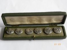 A SET OF SIX SOLID SILVER BIRMINGHAM HALLMARKED LIBERTY BUTTONS MARKED L & CO. TO BACK IN ORIGINAL