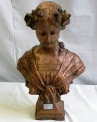 A 19th CENTURY STYLE TERRACOTTA BUST OF A CLASSICAL MAIDEN, SIGNED ON THE REVERSE, APPROX. HEIGHT 45