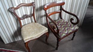 A REGENCY MAHOGANY ELBOW CHAIR TOGETHER WITH AN EDWARDIAN PIANO STOOL AND A MAHOGANY VICTORIAN