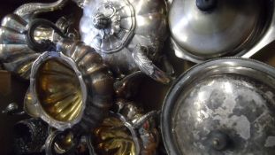 A BOX OF MISCELLANEOUS SILVER PLATE INCLUDING A TEA POT, SUGAR BOWL, MILK JUG ETC