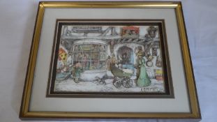 AN ANTON PIECK 3 D DECOUPAGE PRINT ENTITLED " THE TOY SHOP " APPROX. 23 X 17 cms ( DUTCH ARTIST )