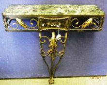 A FRENCH WROUGHT IRON MARBLE TOPPED CONSOL TABLE, THE TABLE WITH A GREEN MARBLE TOP, THE BASE HAVING