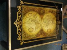 A WOOD AND BRASS COFFEE TABLE BY REGENCY LINE OF BIRMINGHAM DEPICTING VINTAGE MAP OF THE WORLD UNDER