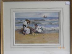 HECTOR CAFFIERI 1847 - 1932 (BRITISH) A WATERCOLOUR `CHILDREN ON THE BEACH` CIRCA 1884. 37 X 36 cms,