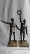 TWO SPELTER FIGURES OF ATHLETES ON MARBLE PLINTH 28 cms and 35 cms