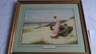 A FRAMED AND GLAZED PRINT " SUNDAY BY THE SEA " BY POUL STEFFENSEN DEPICTING A YOUNG COUPLE AND A