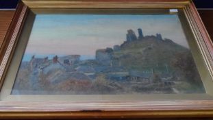 WILLIAM AUGUSTUS RIXON (BRITISH 1880 - 1936), `CORFE CASTLE, EVENING GLOW`, LABEL TO VERSO, SIGNED