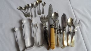 A COLLECTION OF SILVER AND SILVER PLATE INCLUDING NEVADA SILVER SALT SPOONS A GEORGIAN MUSTARD SPOON