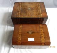 TWO VICTORIAN MAHOGANY INLAID WORK BOXES HAVING CHEVRON WOOD INLAY WITH MOTHER OF PEARL CENTRAL