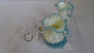 TWO VICTORIAN TURQUOISE CARNIVAL GLASS VASES TOGETHER WITH A ROYAL DOULTON CUT GLASS QUARTZ NIGHT