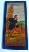 A HAND PAINTED RUSSIAN WOOD PANEL DEPICTING A GENTLEMAN, APPROX. 16 X 33 cms