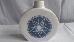 A TROIKA FLASK, ST IVES ERA, BLUE DECORATION ON WHITE GROUND, DECORATED BY ANN LEWIS WHO WORKED AT