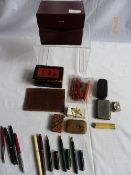 A COLLECTION OF MISCELLANEOUS ITEMS INCLUDING VINTAGE BIROS AND PENS, A 12 INCH BRASS AND IVORINE