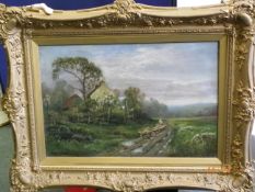 A 19th CENTURY OIL PAINTING IN GILT WOOD FRAME OF `OLD HALL FARM`, BALHAM. ATTRIBUTED TO CECIL