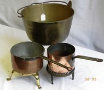 A GEORGE III COUNTRY HOUSE CYLINDRICAL SAUCEPAN WITH WROUGHT IRON HANDLE CIRCA 1820, ONE OTHER