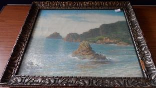 WILLIAM AUGUSTUS RIXON (BRITISH, 1880-1936) ORIGINAL OIL ON BOARD, `PICSUEL BAY, JERSEY`, LABEL TO