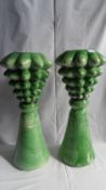 A PAIR OF UNUSUAL POTTERY PLANT STANDS SIGNED ANTONY GILHAM, ROHAN POTTERY. 60 cms H