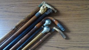 A COLLECTION OF SIX MISC. WALKING STICKS INCL. MILITARY ` DURHAM LIGHT INFANTRY `, HORN HANDLED