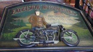 A VINTAGE WOODEN EXCELSIOR MOTORCYCLE ADVERTISING SIGN - 120 EXCELSIOR 20R, CHICAGO, U S A,