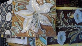 A COLLECTION OF ARTS AND CRAFTS MINTON STYLE TILES. APPROX 11 PLUS BORDERS