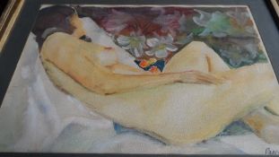 AN ORIGINAL WATER COLOUR DEPICTING A RECLINING NUDE SIGNED RENNA 1980 57 cms x 40 cms TOGETHER