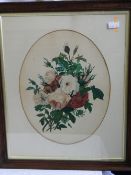 AN ENGLISH SCHOOL 19th CENTURY STILL LIFE OF ROSES AND GARDEN FLOWERS, WATERCOLOUR, FRAMED