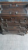 AN EDWARDIAN ELIZABETHAN STYLE OAK DROP FRONT BUREAU WITH THREE DRAWERS ON BRACKET FEET, APPROX.