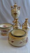 A COLLECTION OF MISCELLANEOUS CROWN DEVON PORCELAIN INCLUDING A LIDDED TWO HANDLED EWER 34 cms, A