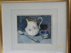 SUE COOK (BRITISH) WATERCOLOUR STILL LIFE DEPICTING `A FINE BONE CHINA MILK JUG`, 18 X 15 cms,