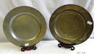 TWO 18th CENTURY PEWTER CHARGERS, APPROX. DIAMETER 41 cms, BOTH HAVING IMPRESSED MARKS TO BASE,