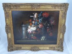 AStill Life OIl on Board depicting flowers by a tankard, signed b.pal M, approx. 49 x 39 cms.