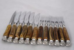 Antler and silver plated Steak Knives and Forks. Six Harrods of London Antler handled steak knives