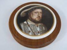 A Collection of Pot Lids comprising three modern wooden mounted lids depicting Henry VIII, Elizabeth