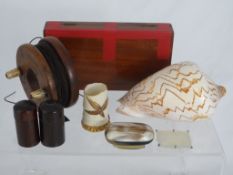 Miscellaneous items including two screw top treen bottles one is (waf), sea shell and antique wooden