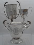 Three silver plated Regimental Sporting Trophies. The twin handled trophies relate to various sports