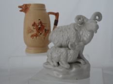 An Antique Lustre Ware Study of A Ram and a Ewe together with a Pottery Jug having a Spout in the