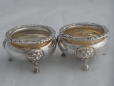 Two solid silver Regimental Salts and Mustard Pots. The open salts and mustard bowls inscribed