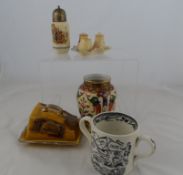 A Collection of Misc. Porcelain including a L & Sons butter dish depicting Tudor scenes, a Harrods &