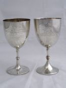 Two solid Silver Regimental Presentation Goblets. The goblets with knopped stems, inscribed ‘