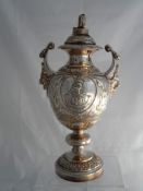 Solid silver Regimental Presentation Cup. The large, lidded cup features lion mask handles with an