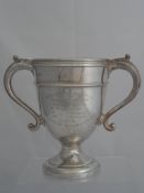 Solid silver Regimental Sporting Trophy. The twin handled trophy inscribed ‘For Whisp, Cribbage