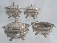 Two solid silver William IV Mustard Pots and Salt and a silver plated mustard.The lidded mustards