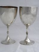 Two solid silver Regimental Presentation Goblets. The goblets with knopped stems, inscribed ‘