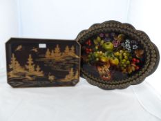 Eastern European a hand painted enamel tray signed Cugehko depicting a basket of fruit together with