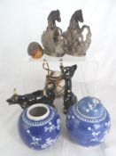 Miscellaneous collection of porcelain including Staffordshire style recumbent horses, black